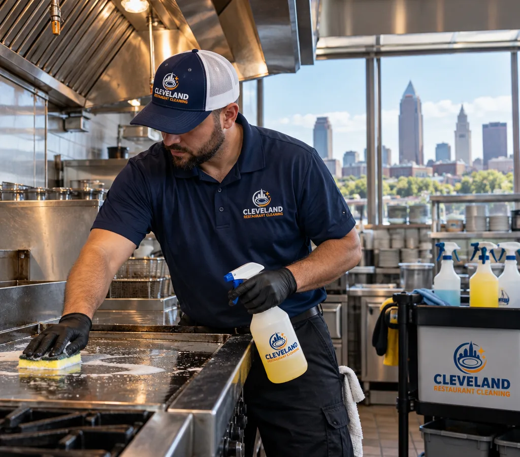 Technician cleaning a stainless commercial cookline with food-safe tools and labeled supplies