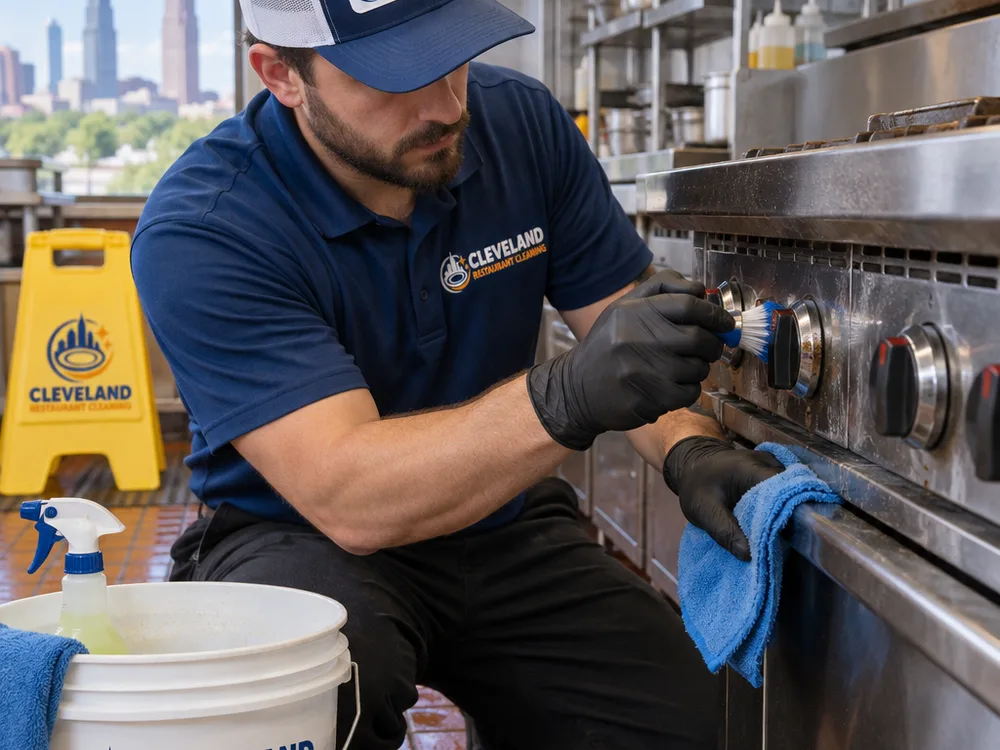 Technician detailing stainless equipment seams and control knobs with a brush and microfiber cloth