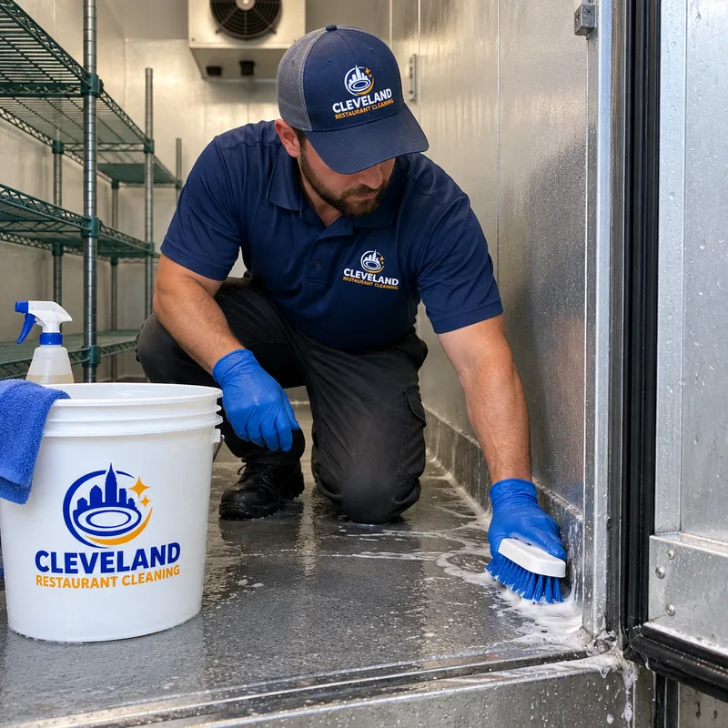 Technician cleaning the floor, coved corner, door gasket, and threshold inside a cleared walk-in cooler