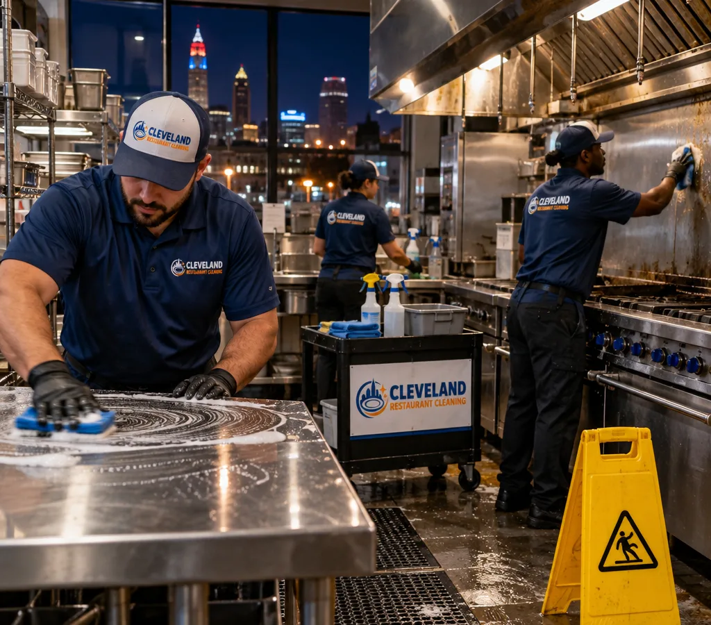 Night-time commercial kitchen deep cleaning with technicians scrubbing stainless prep tables and degreasing the cooking line