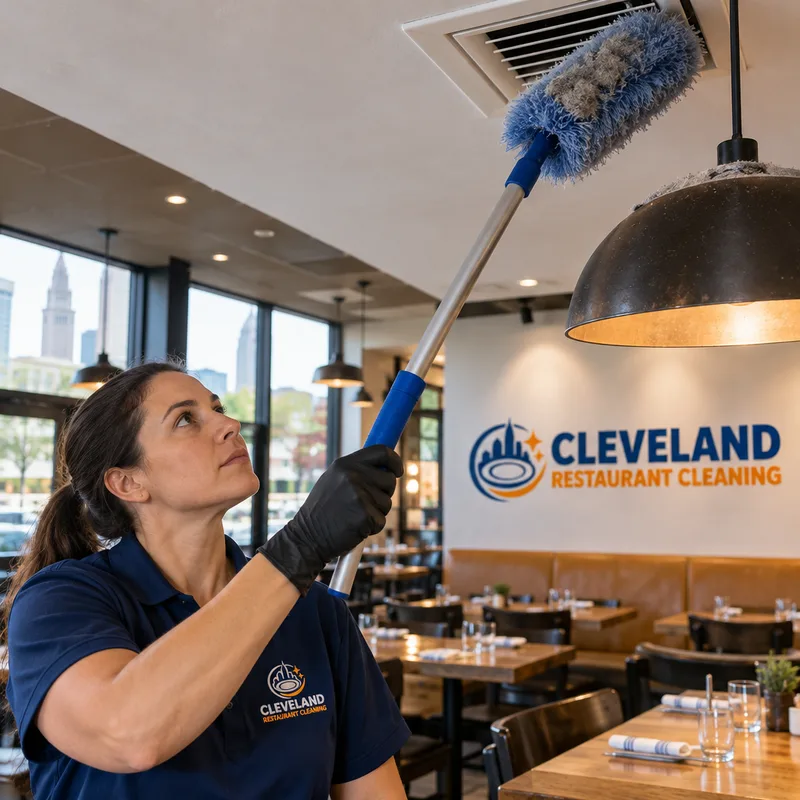 Cleaner using an extension-pole microfiber duster on a dining room supply vent and pendant light above restaurant tables