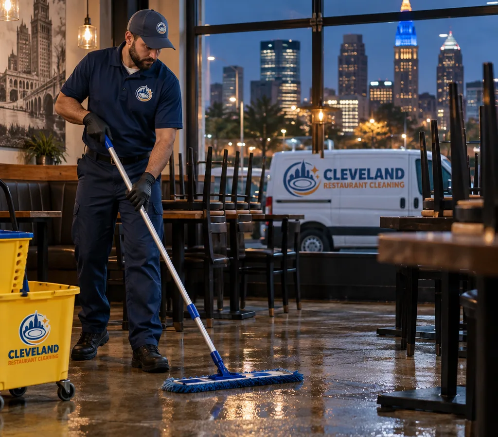 Professional cleaner wet-mopping a restaurant dining room after closing with tables staged and a Cleveland streetscape visible through the windows