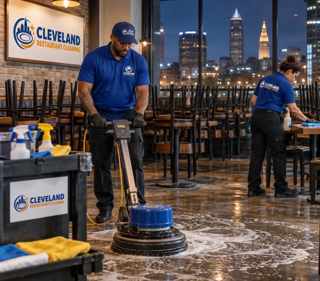After-hours cleaning crew resetting a closed Cleveland restaurant dining room