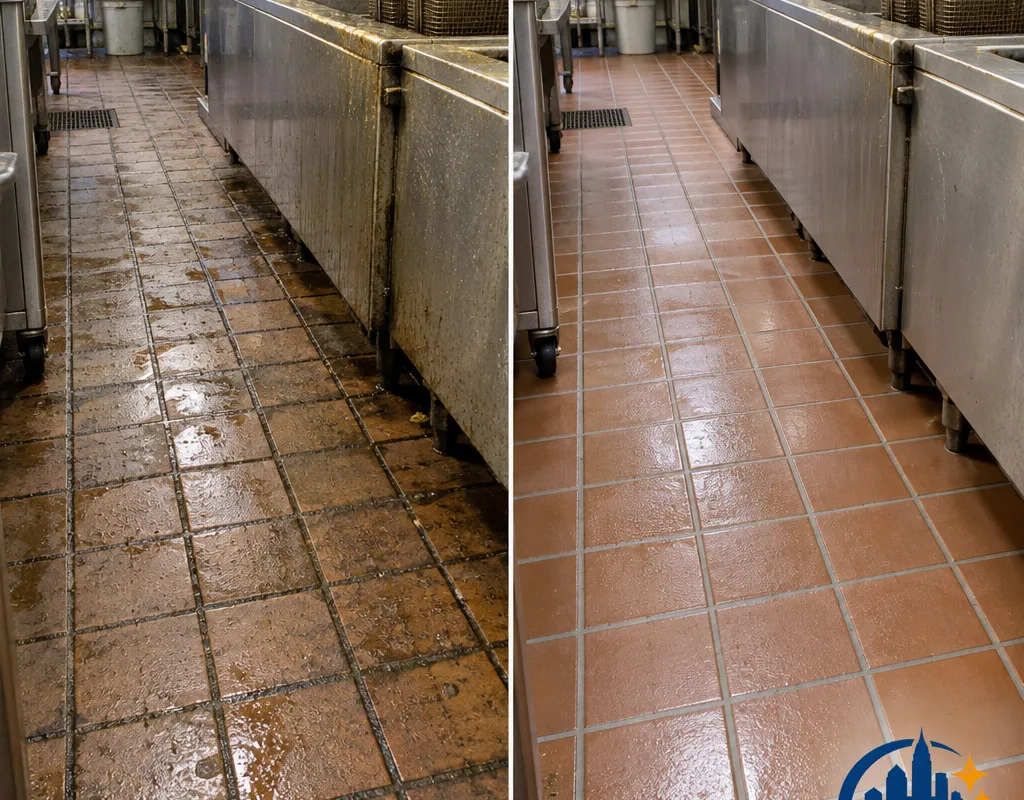 Before-and-after view of kitchen tile near a fryer showing dark grout before cleaning and cleaner tile and grout after extraction