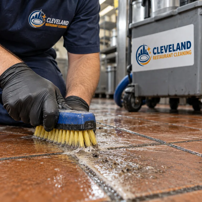 Close-up of textured kitchen tile and grout during cleaning with loosened soil visible in the slurry before recovery