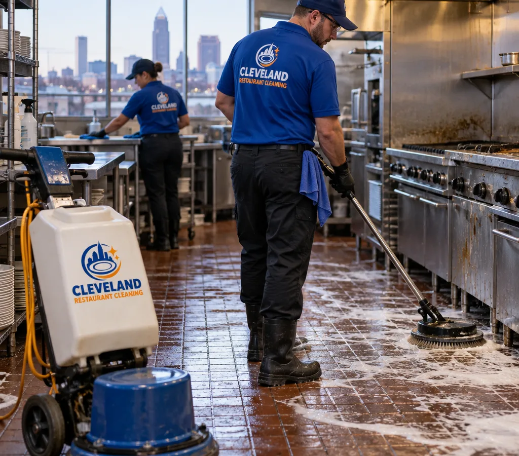 Early-morning commercial kitchen with a freshly scrubbed tile floor, degreaser foam, and floor-cleaning equipment staged away from walk paths
