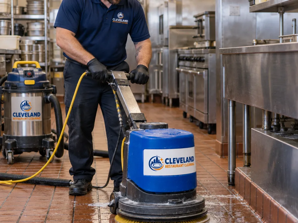 Technician using a rotary scrubber on commercial kitchen quarry tile with an extractor nearby and detail work along grout and cove base