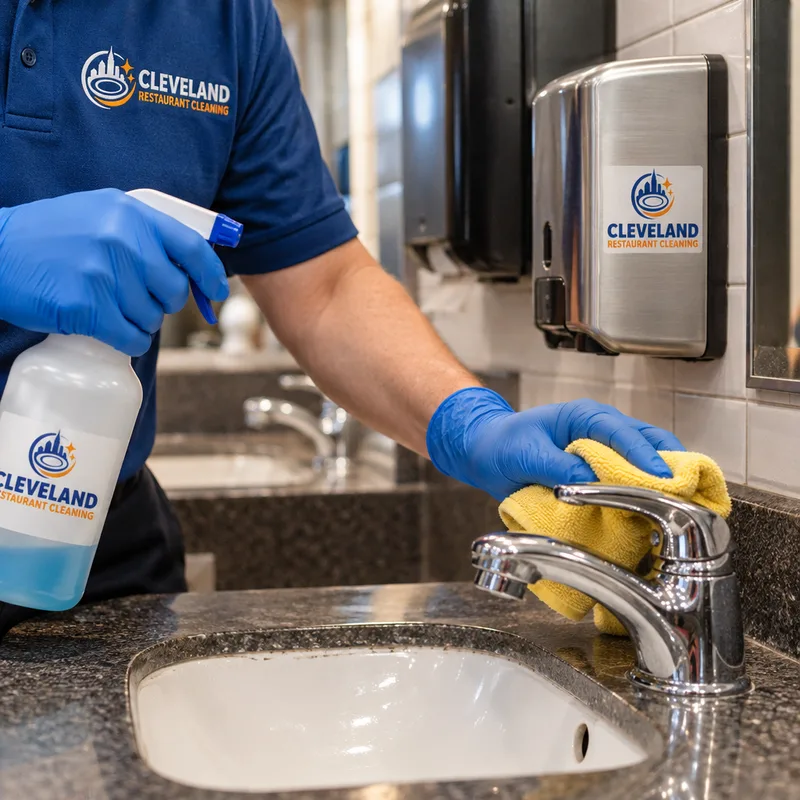 Gloved cleaner disinfecting restroom faucet handles and dispenser levers with labeled products and microfiber cloths