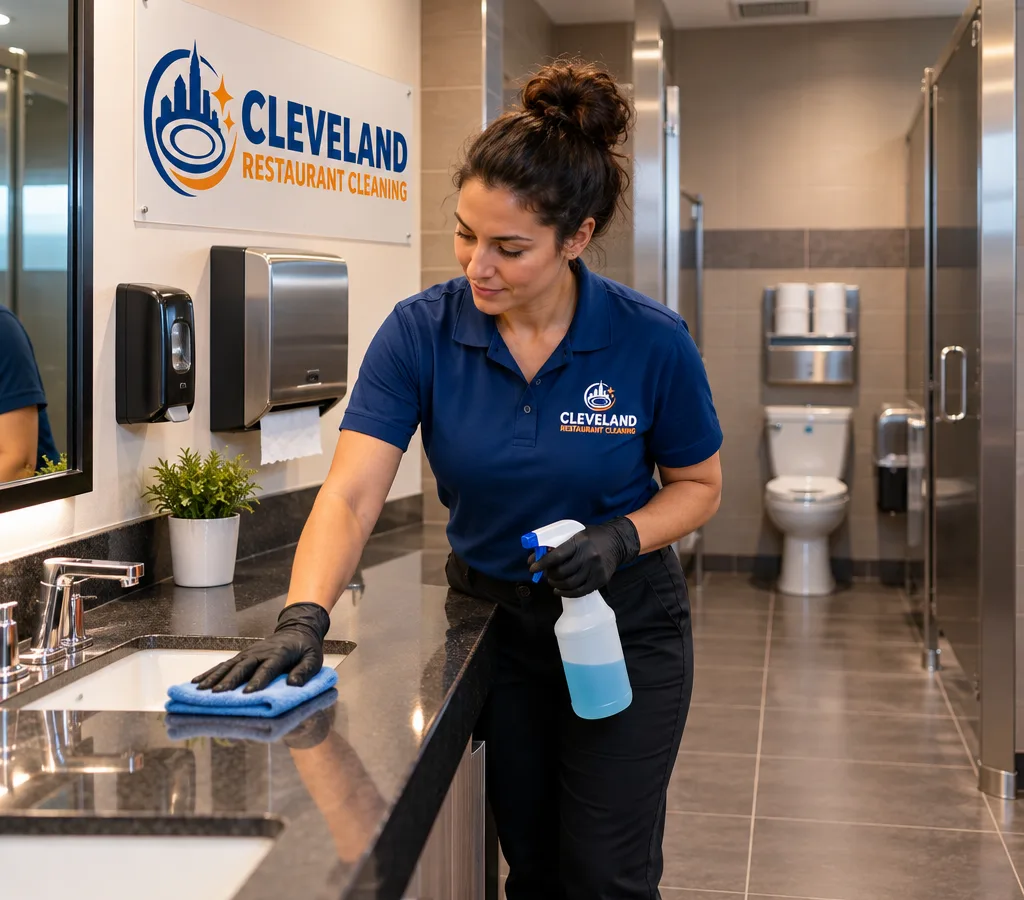 Spotless restaurant restroom with polished fixtures, clean grout lines, and stocked dispensers ready for guests