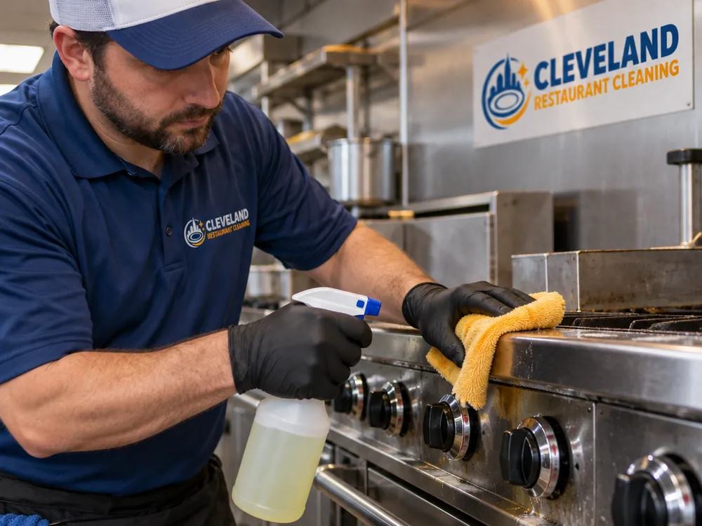 Technician carefully degreasing stainless cook line surfaces around knobs, edges, and seams