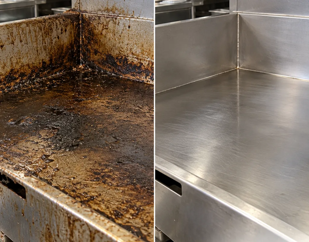 Before-and-after view of a grease-stained flat-top corner and backsplash restored to a clean uniform surface