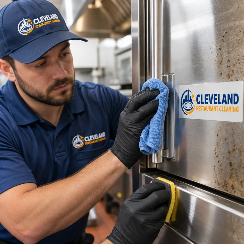 Technician detailing stainless steel equipment seams and handles with microfiber cloths and a non-abrasive pad