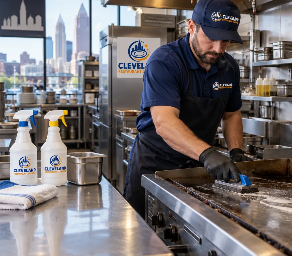 Technician cleaning a commercial flat-top grill and stainless prep table with food-safe tools and labeled spray bottles