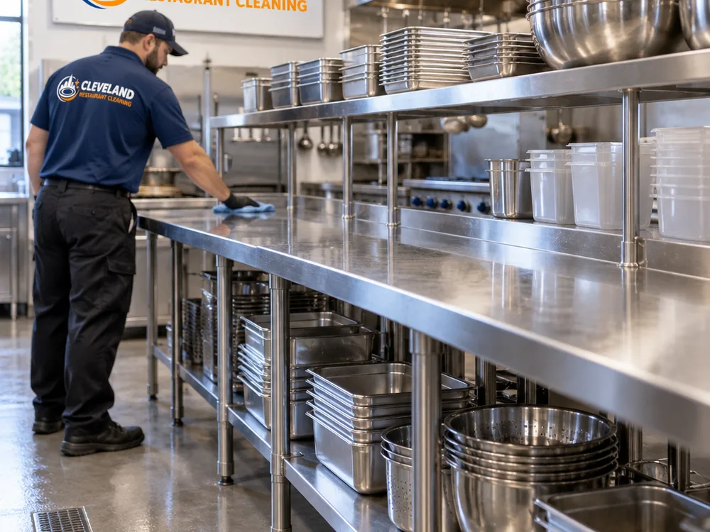 Cleaned stainless prep line with organized smallwares, wiped handles, undersides, and equipment legs