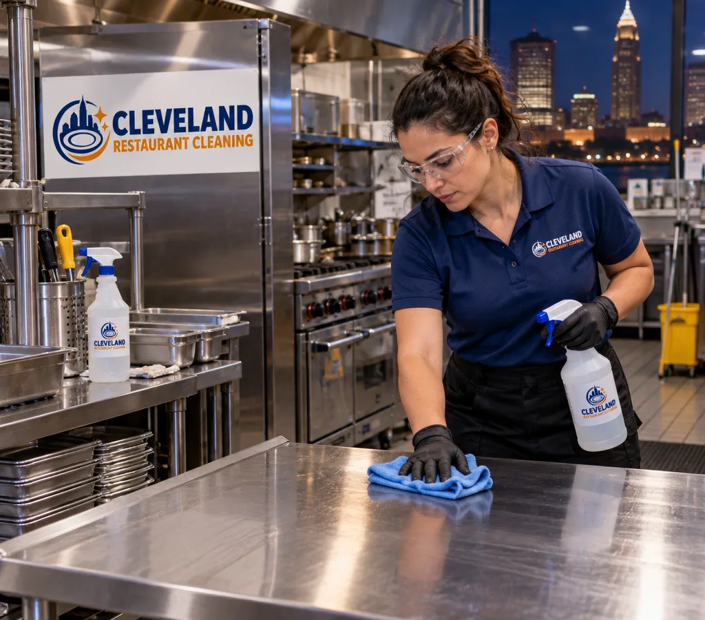 After-hours professional cleaner sanitizing stainless prep tables and equipment in an organized commercial kitchen