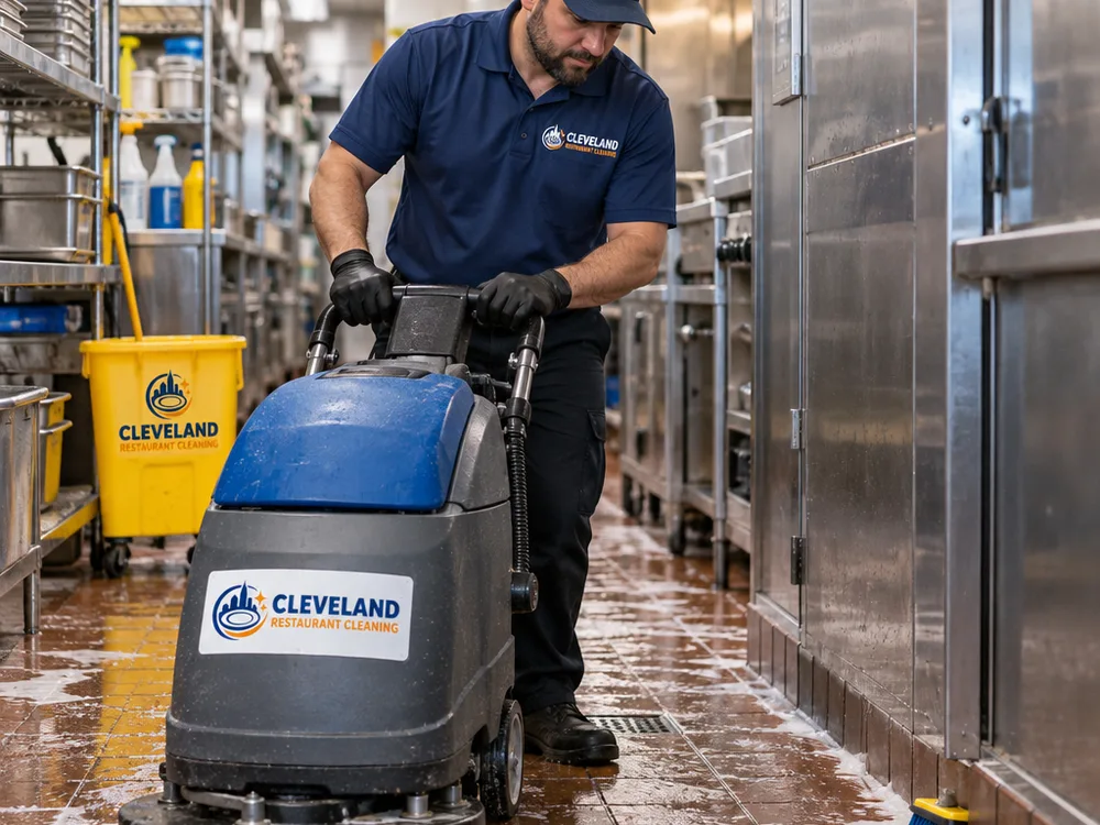 Cleaner using a floor scrubber and detailing baseboards in a commercial kitchen corridor