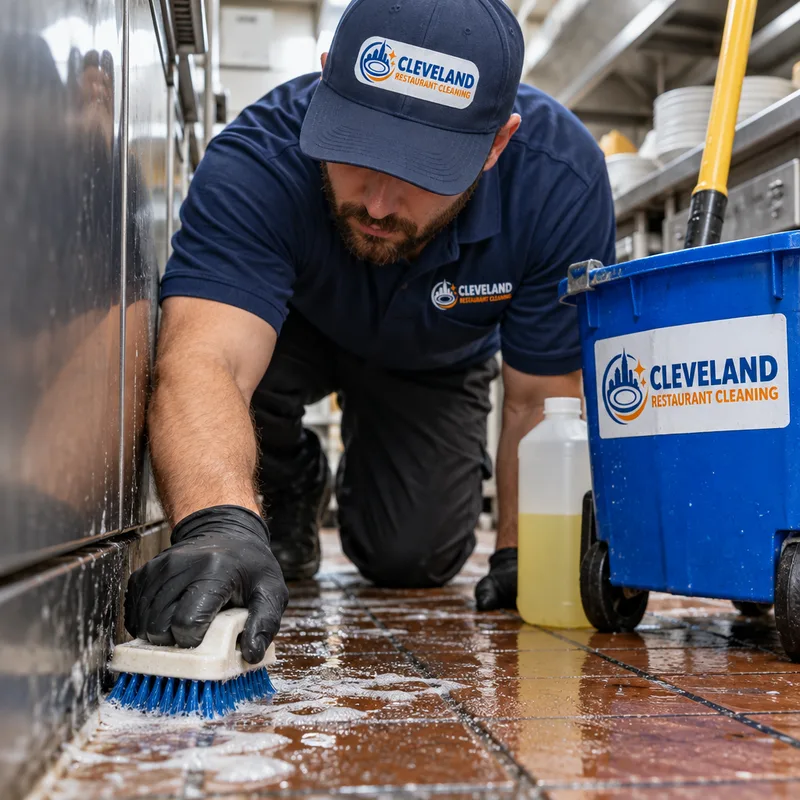 Technician scrubbing a greasy commercial kitchen floor edge beside stainless equipment