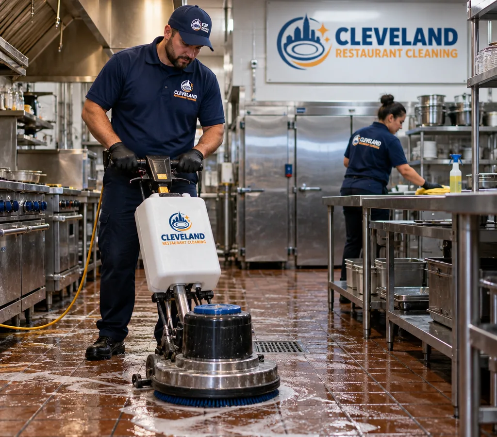After-hours commercial kitchen in Parma being professionally cleaned and sanitized