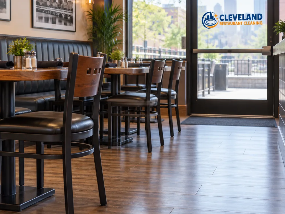 Restaurant dining area with clean floors, baseboards, under-table areas, and entry glass