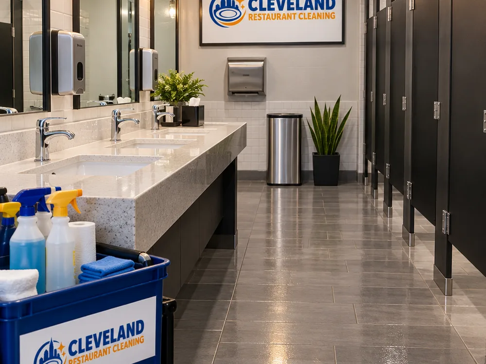 Restaurant restroom with cleaned sinks, fixtures, partitions, mirrors, and floor
