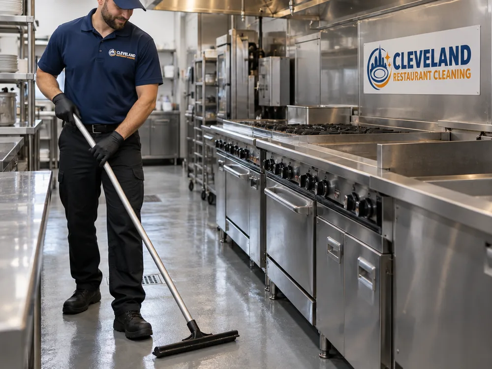 Clean commercial kitchen line with degreased floors, wiped stainless, and detailed corners