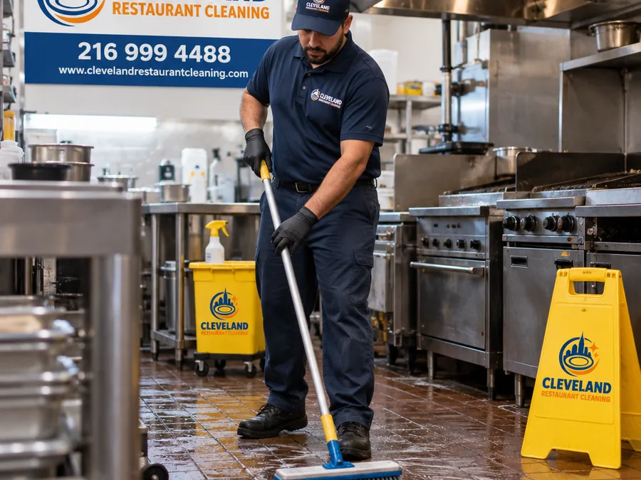 Uniformed cleaner degreasing a commercial restaurant kitchen floor near the cook line