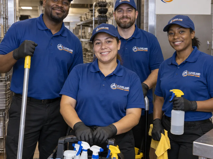Professional restaurant cleaning crew with equipment caddies and PPE in a commercial kitchen